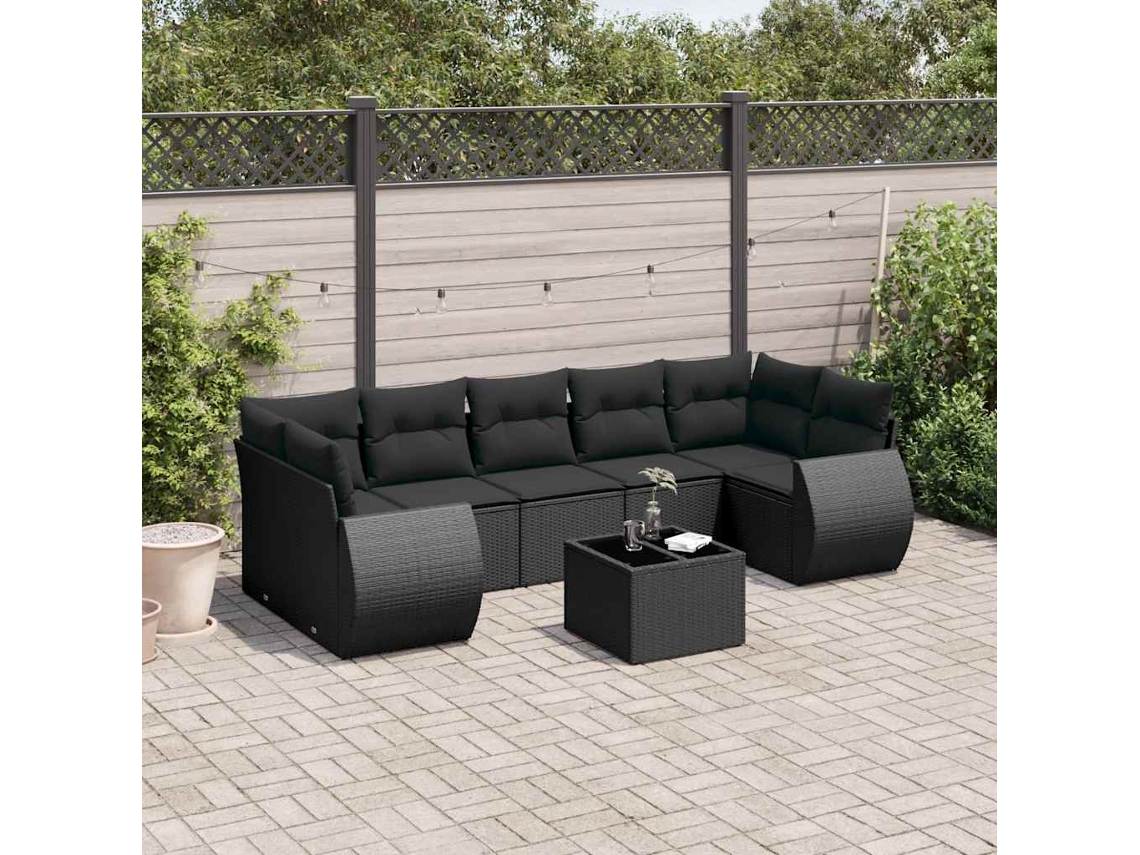Vidaxl 8 Pcs Conjunto Sofás De Jardim Com Almofadões Vime Pe Preto