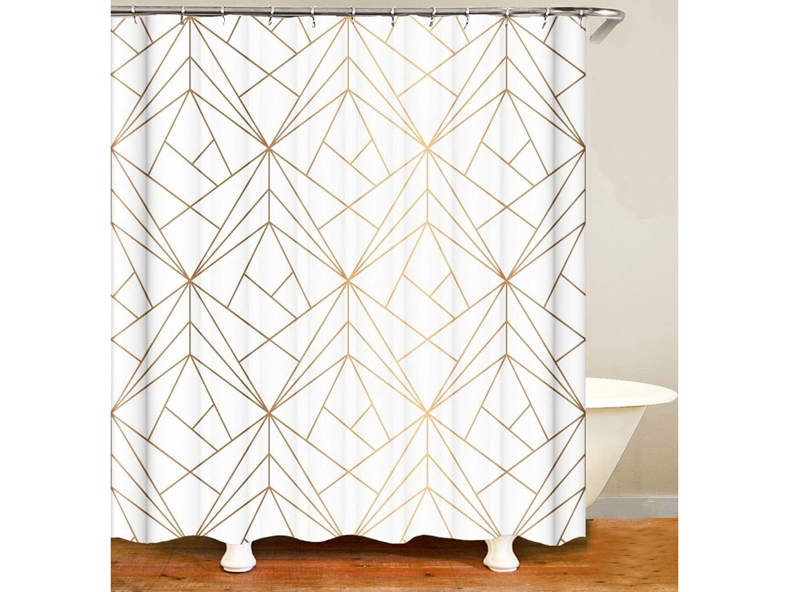 Cortina De Chuveiro Design Dourada Com Linhas Amarelas E Triângulos Para Banheiro
