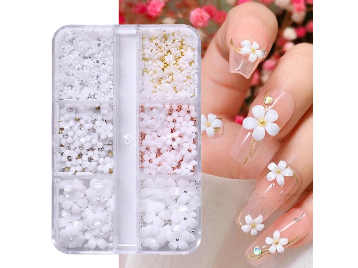Encantos de Nail Art com Flores 3D Branco