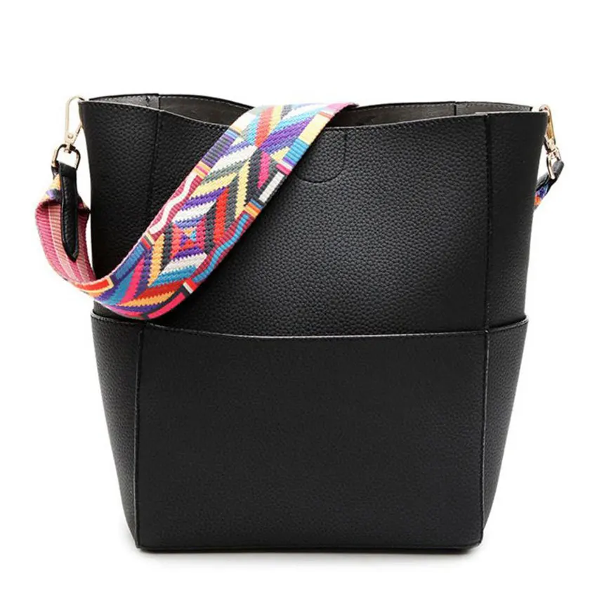 Bolsa Feminina Preta Com Carteira Integrada, Grande Capacidade E Alça De Ombro Colorida.