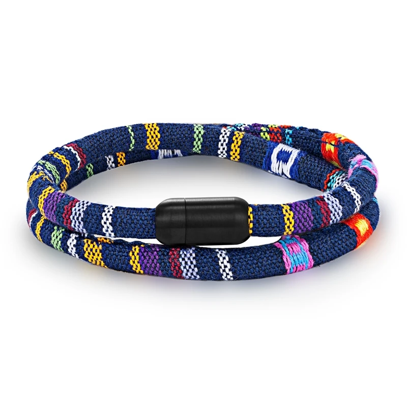 Pulseira de Casal Trançada em Corda Colorida Simples, Estilo Étnico Feito À Mão MDUG (azul Escuro, 19 Cm)