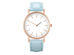 Relógio de pulso feminino de quartzo com pulseira de PU e mostrador redondo azul claro.