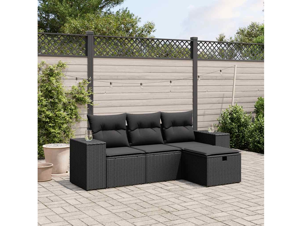 Vidaxl 4 Pcs Conjunto De Sofás Para Jardim C/ Almofadões Vime Pe Preto