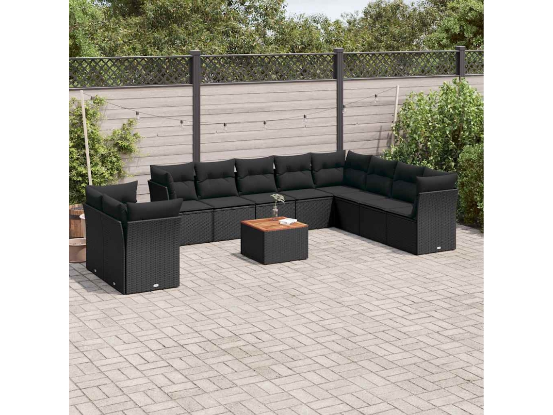 Vidaxl 11 Pcs Conjunto Sofás De Jardim C/ Almofadões Vime Pe Preto