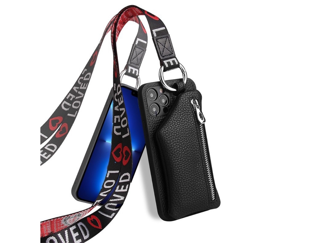 Capa Com Cordão Inch Para Iphone 13 Pro Pele Sintética Anti-choque Preto
