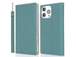 Capa Carteira Compatível Com Iphone 16 Pro Max Em Couro Bovino Genuíno Com Textura De Lichia, Verde