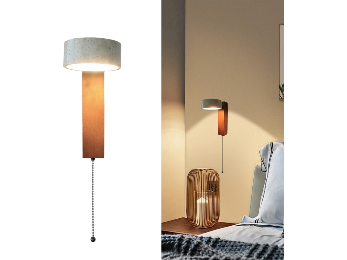 Luminária De Parede Led De Madeira Com Interruptor De Pressão, Base Em Nogueira Preta, Cúpula Giratória Em Travertino Amarelo,