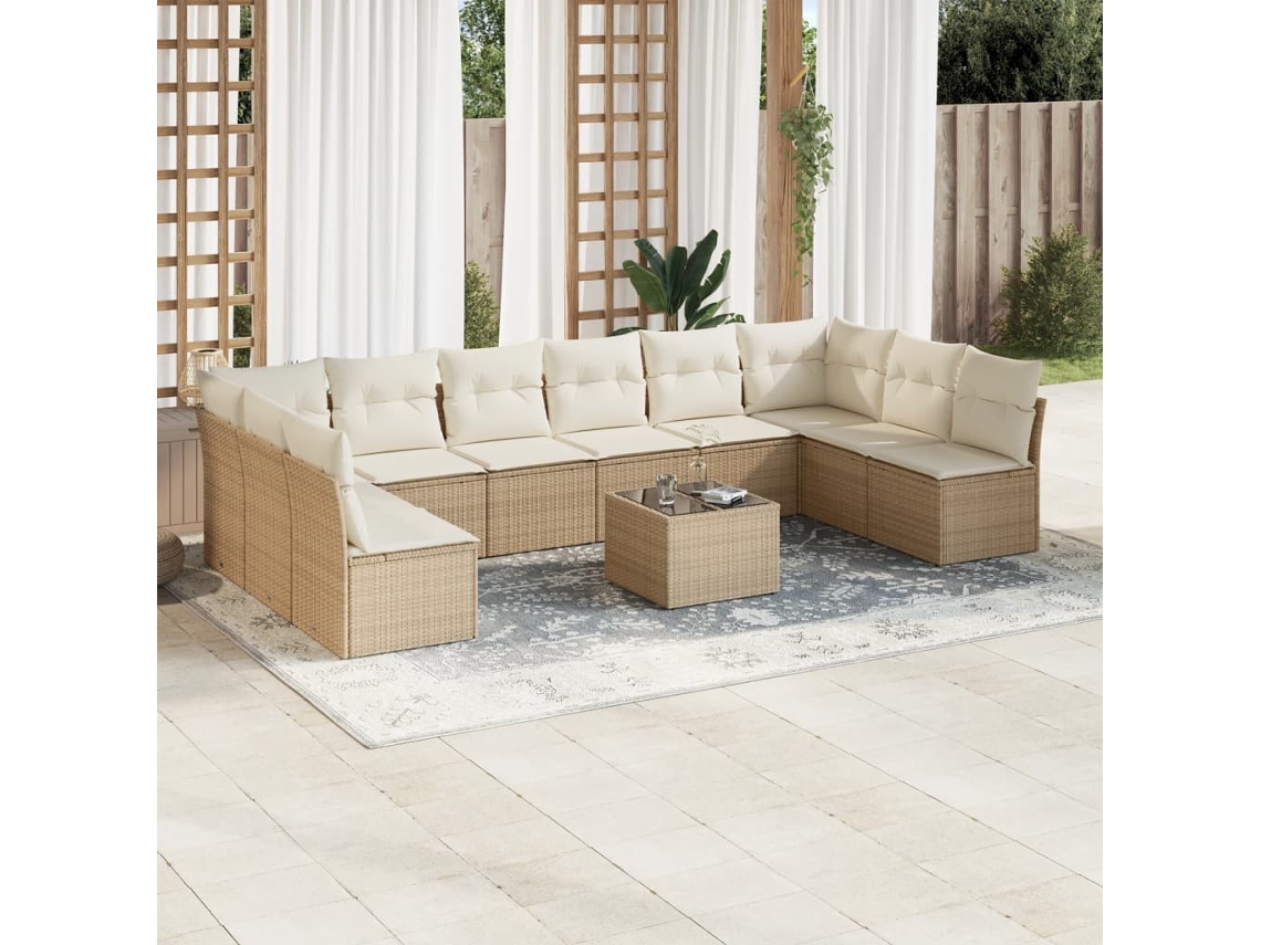 Vidaxl 11 Pcs Conjunto Sofás De Jardim C/ Almofadões Vime Pe Bege