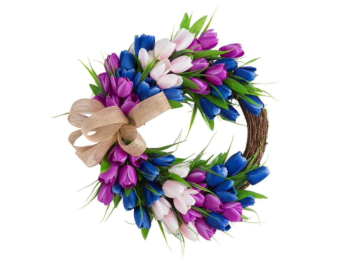 Floral de Tulipa Artificial Hanging Wreath Decorativa para Porta Frente Parede Janela Festas