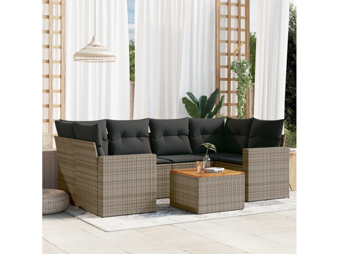 Vidaxl 7 Pcs Conjunto Sofás P/ Jardim C/ Almofadões Vime Pe Cinzento