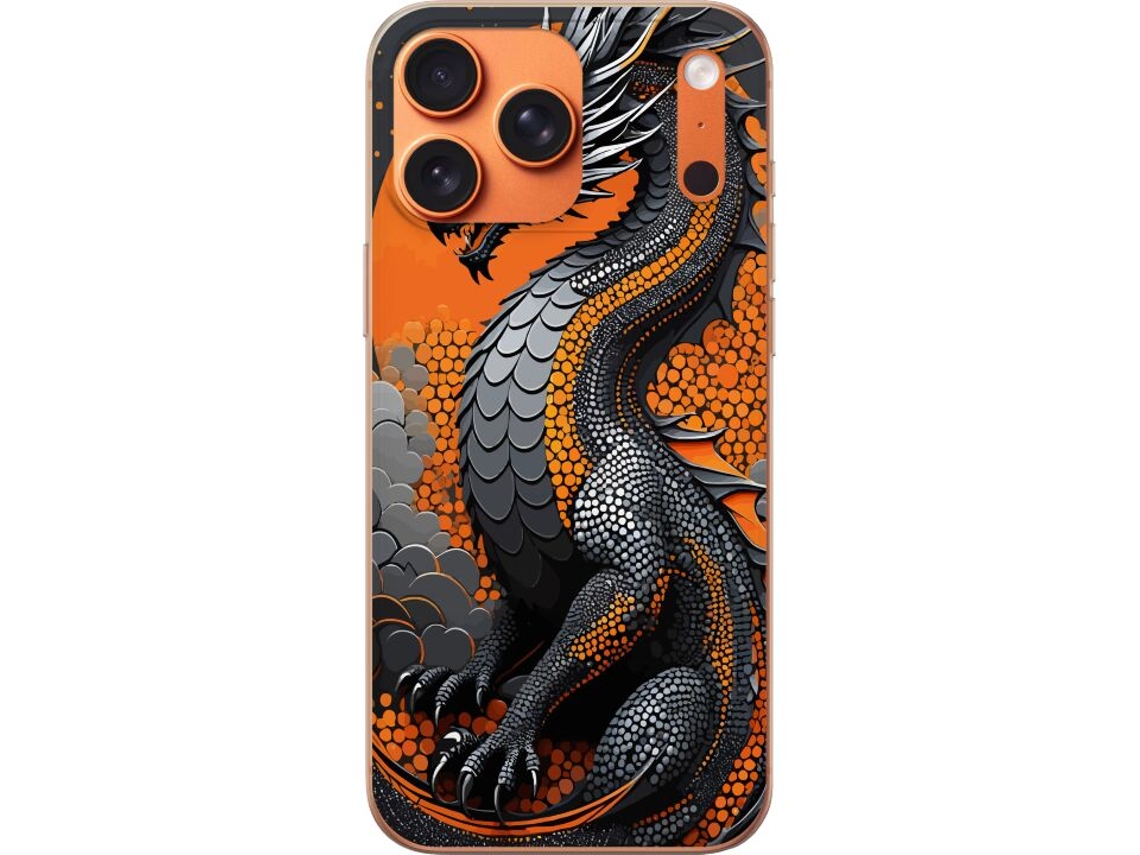 Capa Para Celular Compatível Com Apple Iphone 17 Pro Max. Dragão Detalhado Em Preto E Laranja Com Escamas E Pose Poderosa Em Design Estilizado.