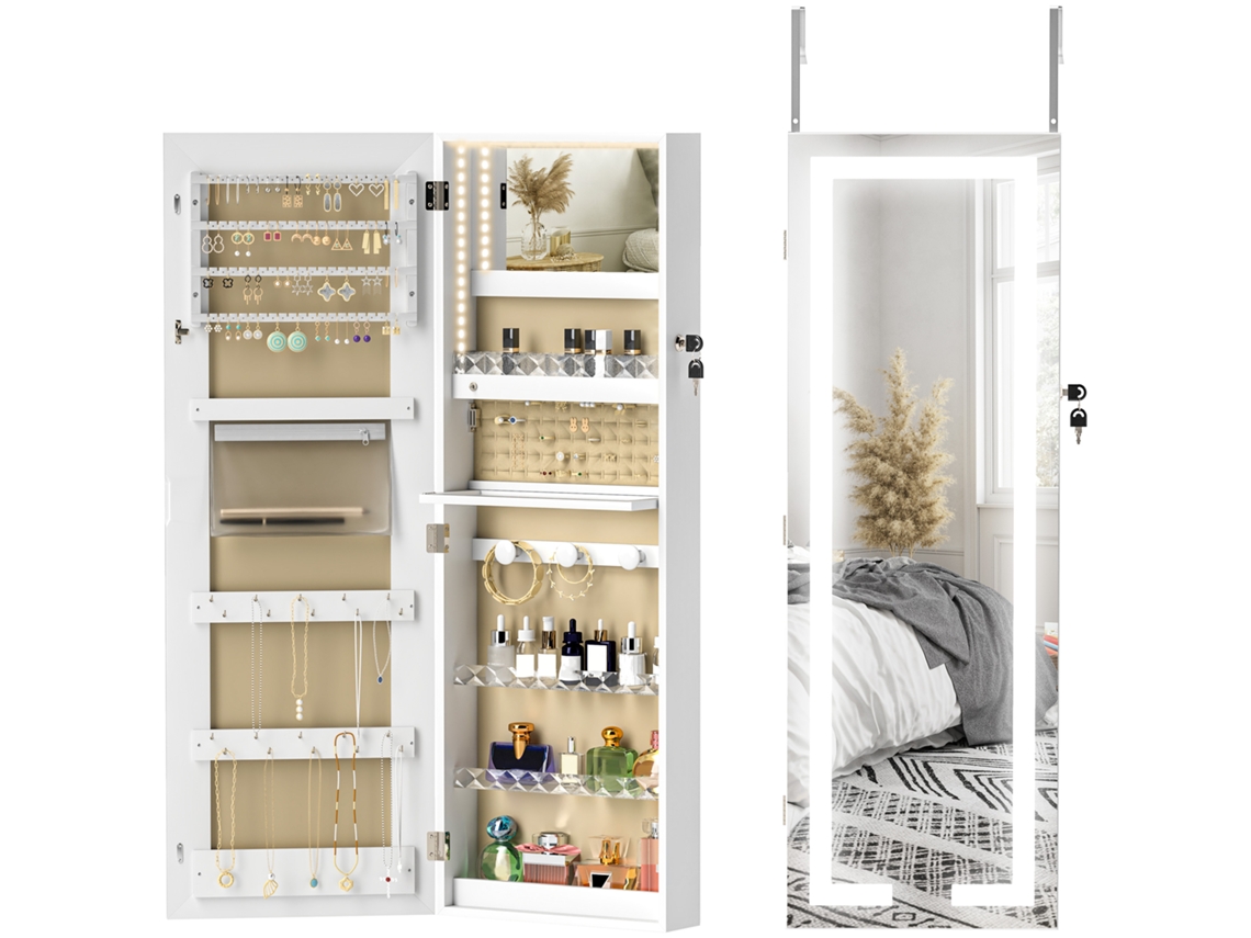 Espelho joalheiro de parede com luzes led e fechadura 37x10,5x108 cm branco LAMAISON