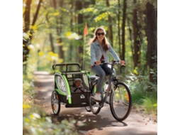 Trailer de Bicicleta 2 em 1 para Duas Crianças, com Função de Deslizar, Proteção Contra Chuva, Freio e Cor Verde