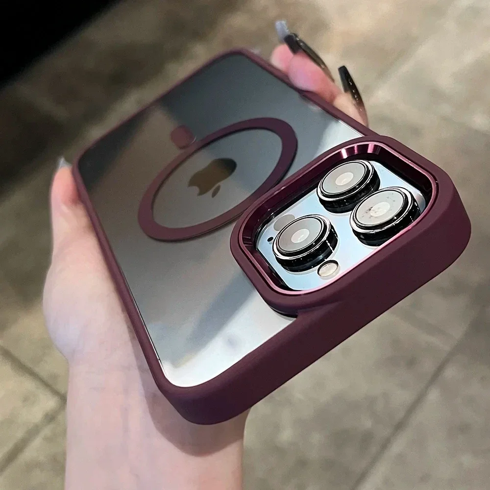 (iphone 14 Plus, Magenta) Capa Protetora Transparente Magnética Para Carregamento Sem Fio Magsafe, Com Estrutura Resistente A Impactos.