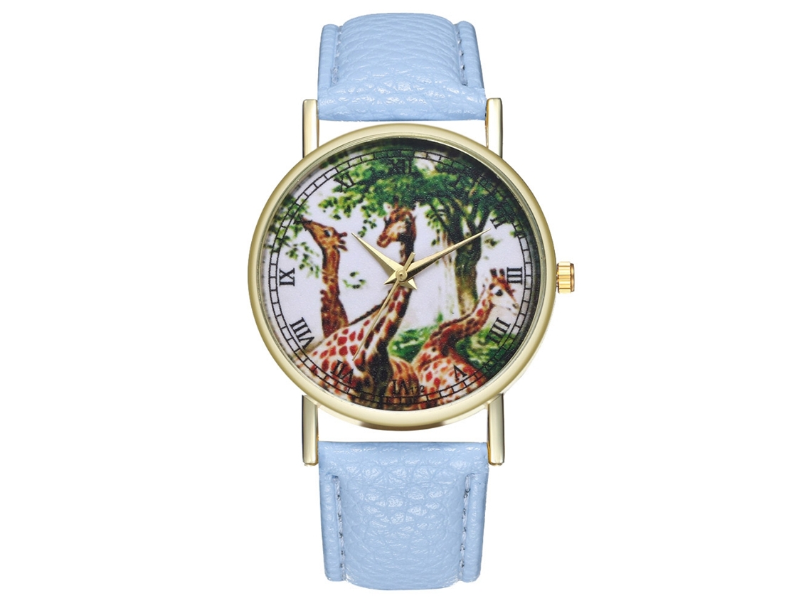 Reloj Analógico De Cuarzo Con Patrón De Jirafa Para Hombre Y Mujer De Cuero Pu Ocio Azul Claro