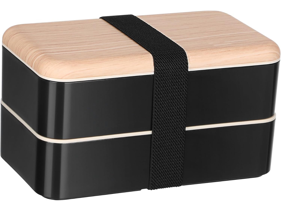 Lancheira Escolar De 1, 2l, Design De Camada Dupla, Caixa Bento De Plástico E Madeira, Durável E Fácil De Transportar