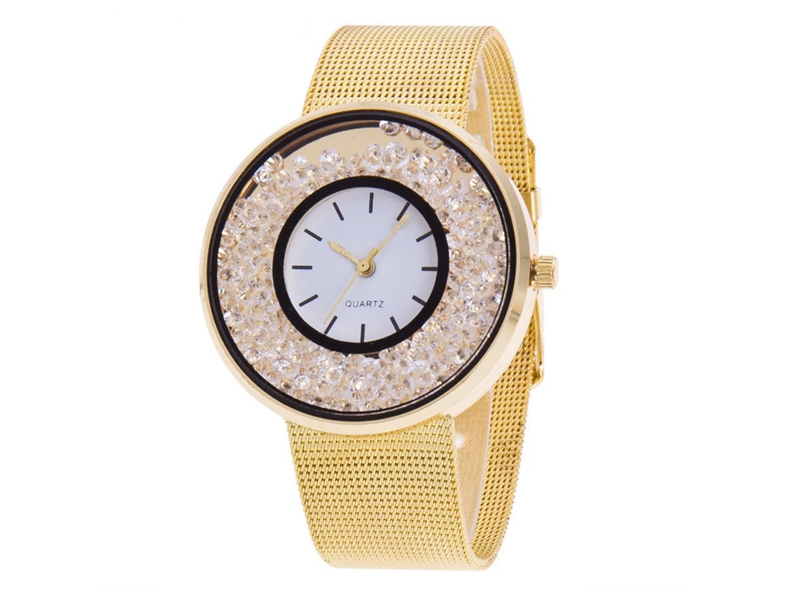 Relógio de Pulso de Quartzo com Pulseira de Malha e Rhinestones Flowing para Homens e Mulheres Dourado