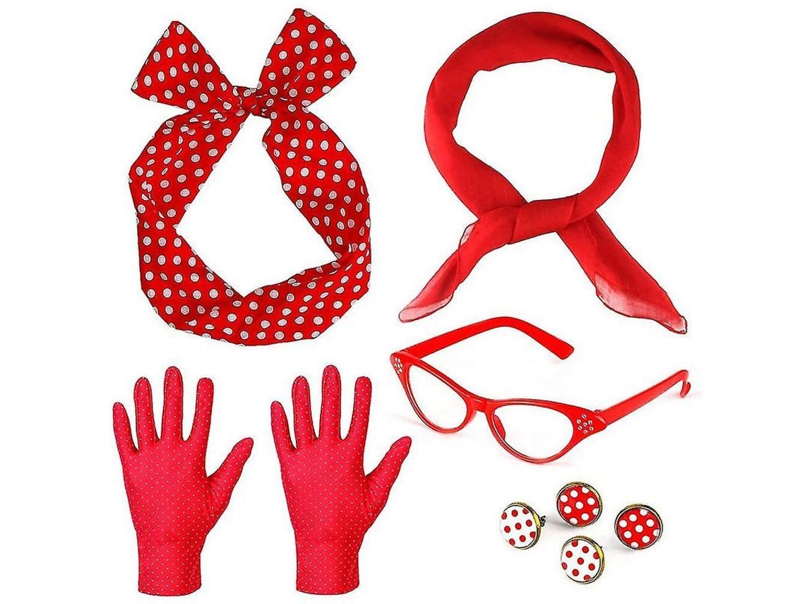 Kit Acessórios de Traje Anos 50 para Mulher: Cachecol, Óculos de Gato, Bandana, Tiara, Brincos e Luvas Rojo