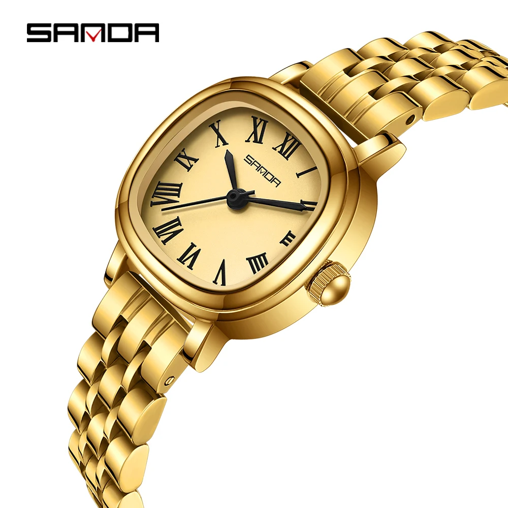 Relógio feminino elegante e sofisticado em quartzo rosa com numerais romanos.