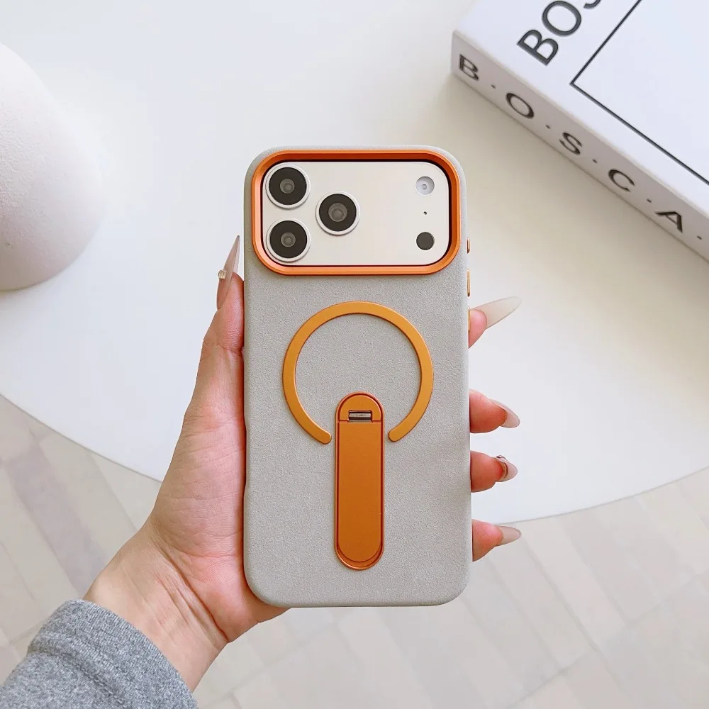 (cinza, Iphone 17 Pro) Capa De Luxo Com Carregamento Magnético E Textura elephant-grain, Com Suporte De Metal Antichoque