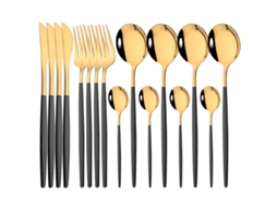 Conjunto de Talheres de 16 Peças, Talheres em Aço Inoxidável com Acabamento Espelhado, Garfo, Colher e Faca. MDUG (black Gold)