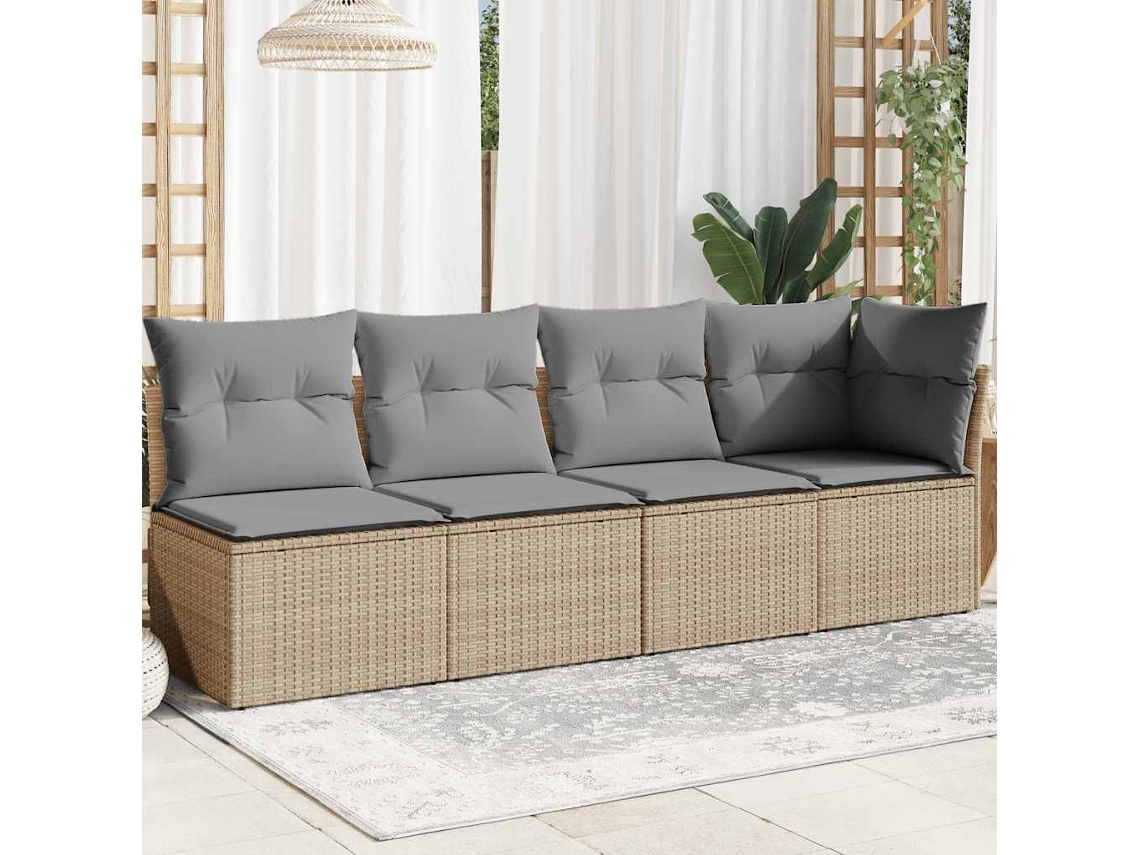 Vidaxl Sofá De Jardim De 4 Lugares Com Almofadões Vime Pe Bege
