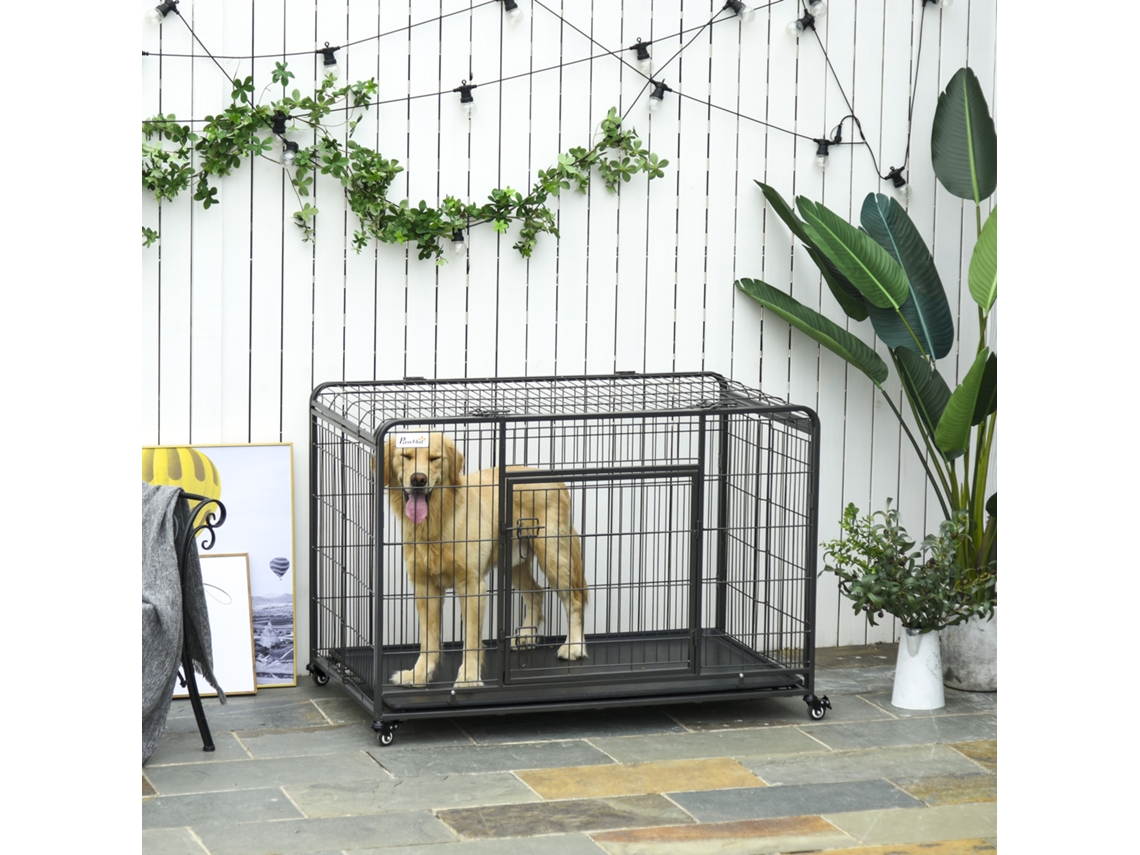 Gaiola Retrátil Cinza Escuro Para Cães 125x76x81cm, Duas Portas Com Trava, 4 Rodas Com Freio, Fundo Removível, Segura Para Animais Domésticos