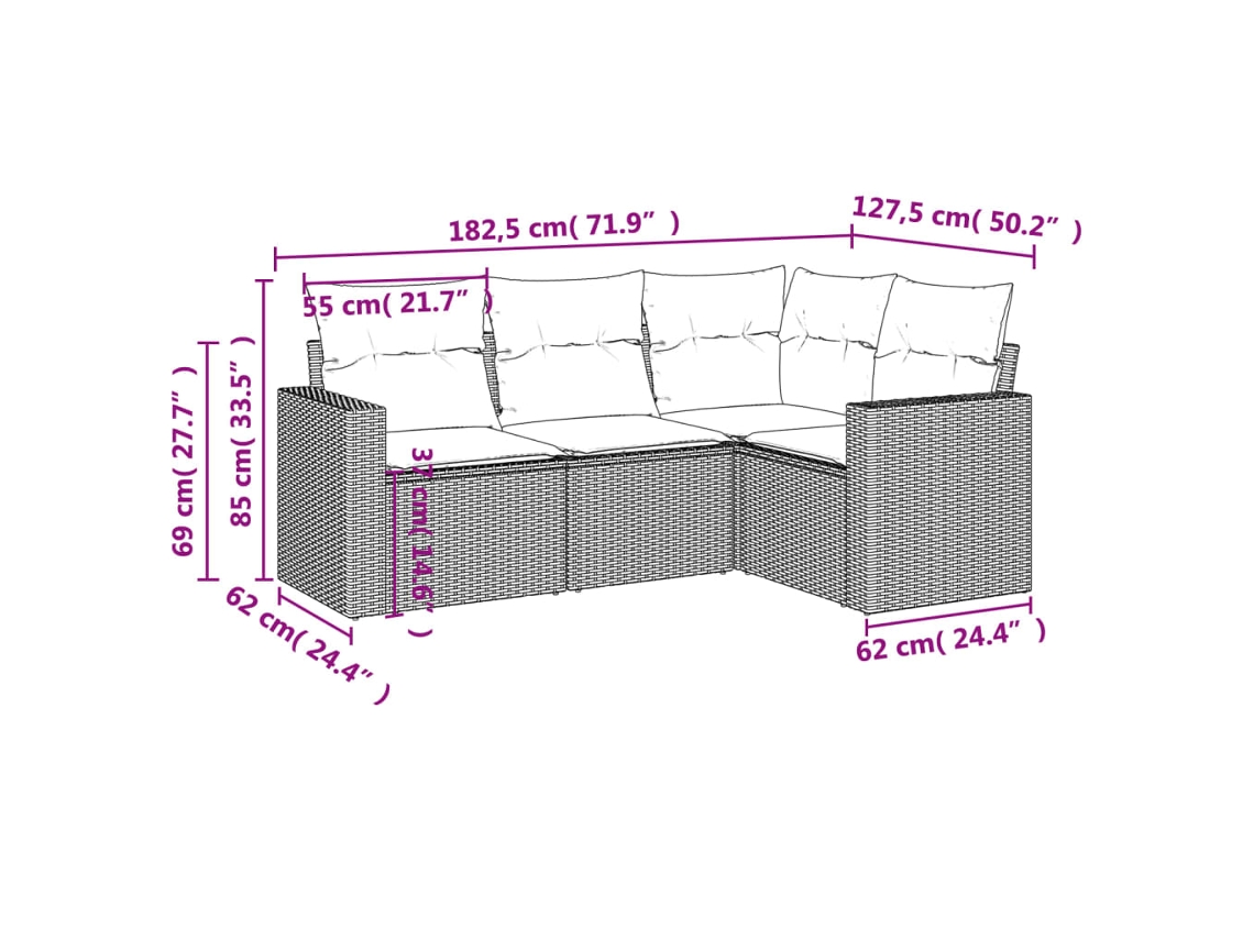 Conjunto de sofá de jardim de 4 peças com almofadas Vime Pe Bege Lovely Home
