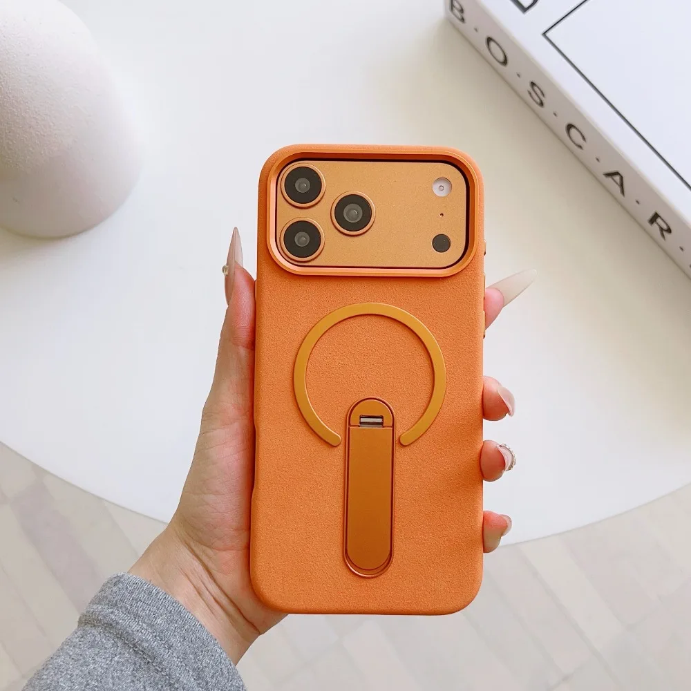 (laranja, Iphone 17 Pro Max) Capa De Luxo Com Carregamento Magnético E Textura elephant-grain, Com Suporte De Metal Antichoque