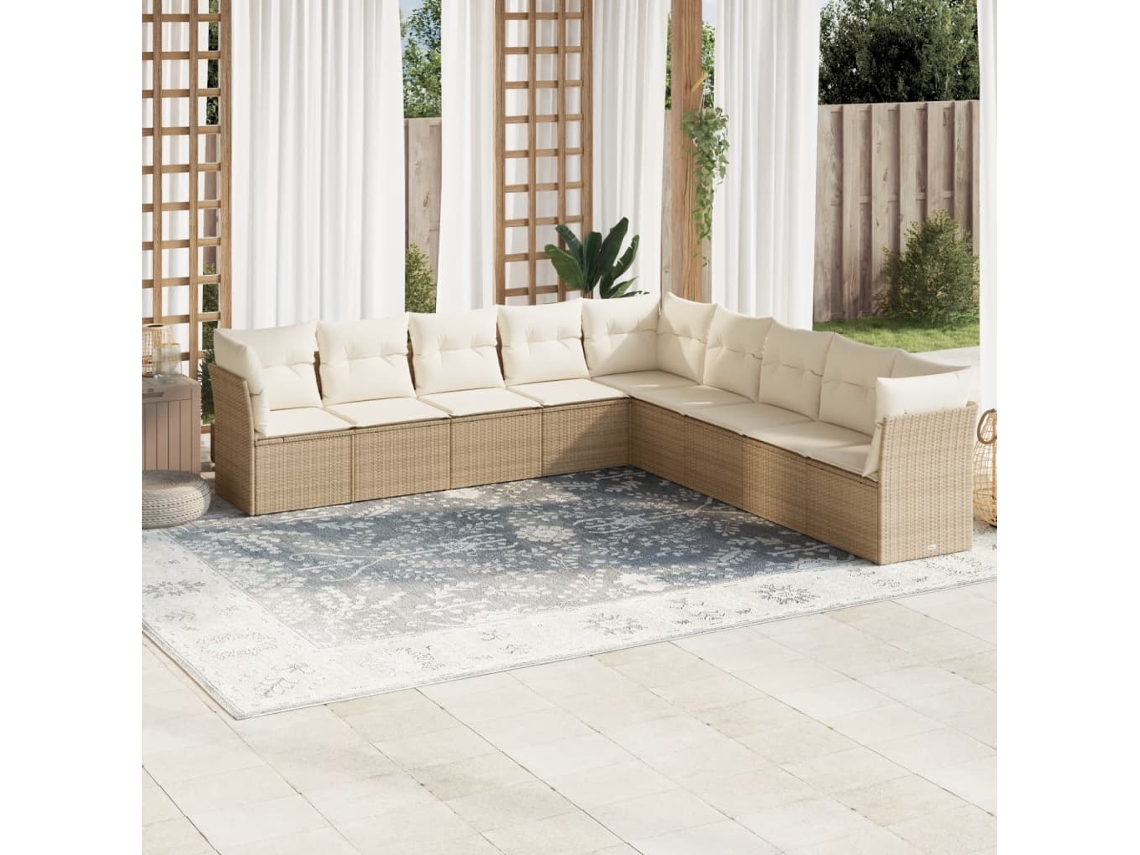 Vidaxl 9 Pcs Conjunto De Sofás P/ Jardim Com Almofadões Vime Pe Bege