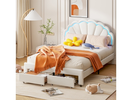 Cama Individual Estofada 140x200cm, Com Fitas Led Multicoloridas E Variáveis, Duas Gavetas, Cama De Casal, Veludo, Branca Rosahqnda