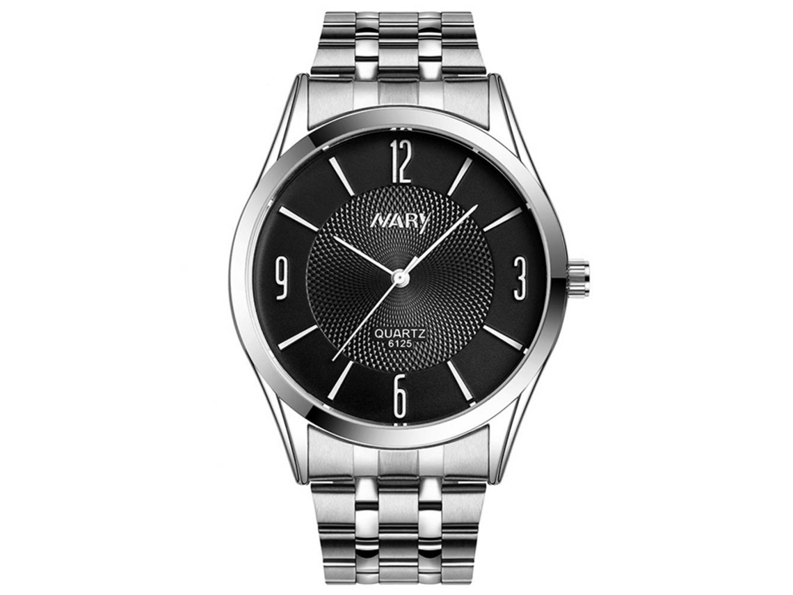 Relógio Nary Couple, à prova d'água, mostrador redondo, pulseira de aço (preto, masculino)