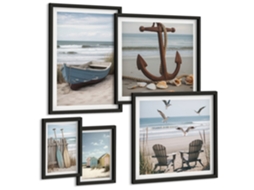 Composição De Quadros Na Parede Praia, Pranchas De Surfe, Pássaros Moldura Preta Imagens Para Um Quarto Infantil Espelharte (conjunto De 5 Imagens)