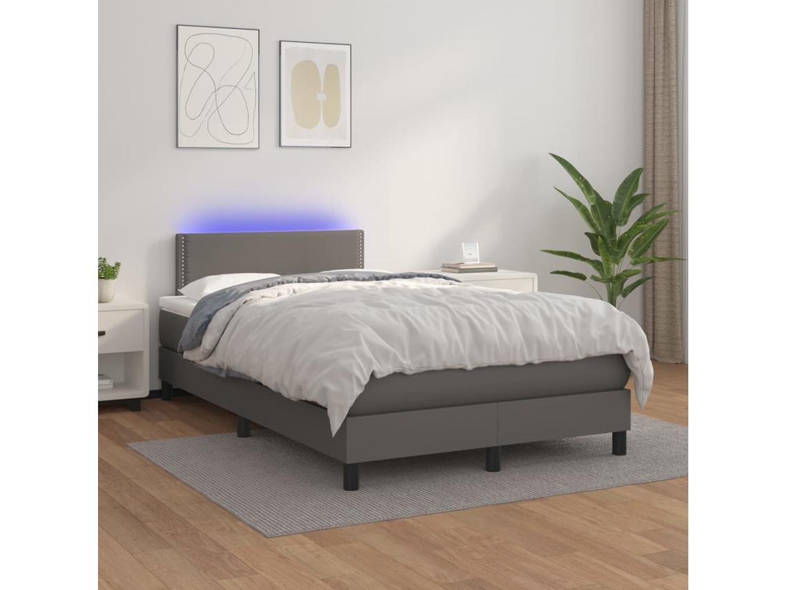 Vidaxl Cama Box Spring C/ Colchão/led 120x200cm Couro Artificial Cinza
