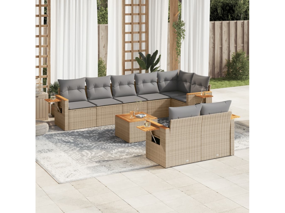 Vidaxl 9 Pcs Conjunto De Sofás P/ Jardim Com Almofadões Vime Pe Bege