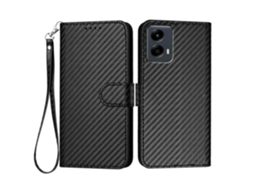 Capa Tipo Carteira Com Alça, Textura De Fibra De Carbono, Couro, Preta, Para Motorola Moto G 5g (2024) / Motorola Moto G Play 5g (2024)