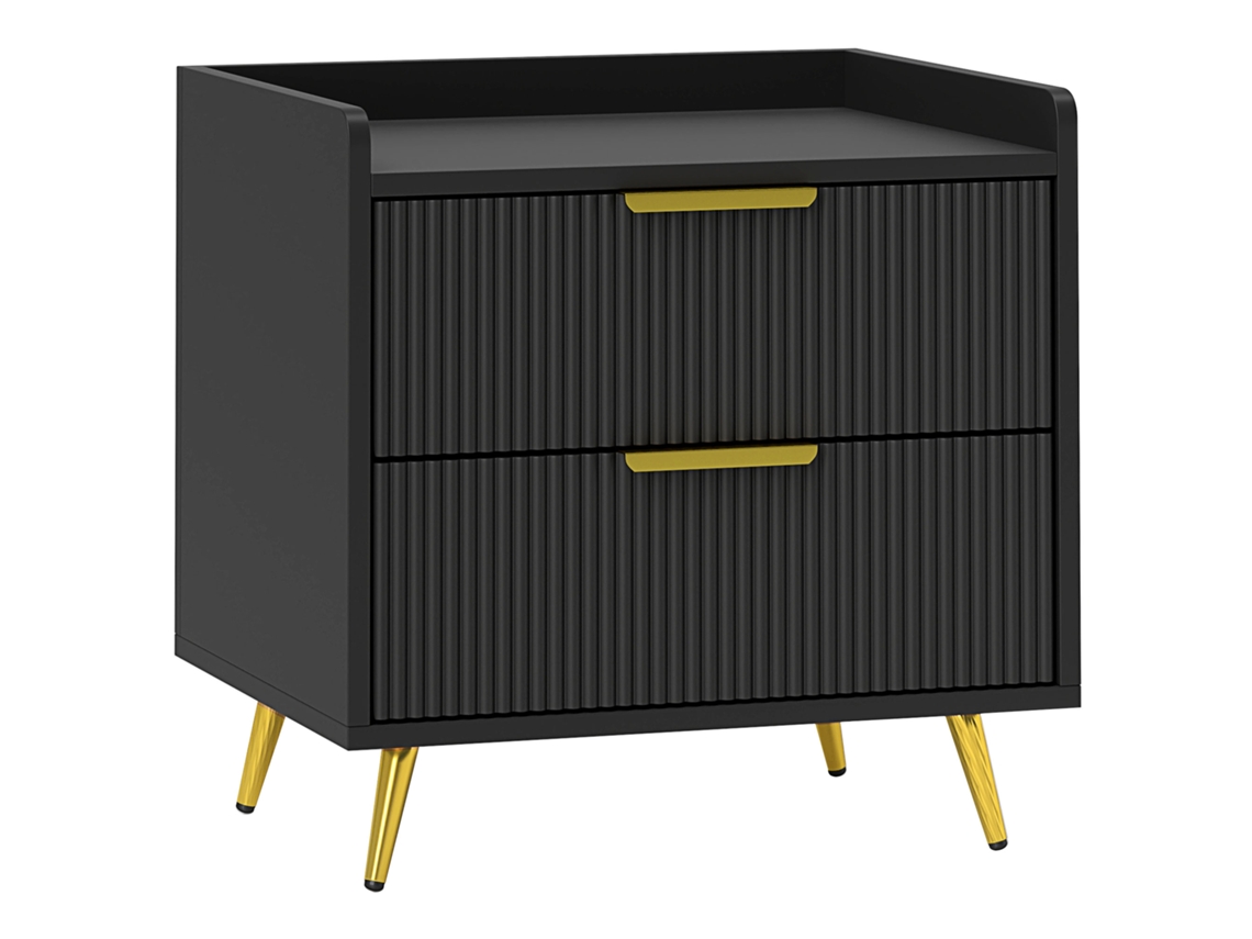 Mesa De Cabeceira Com 2 Gavetas Ranhuradas, Pés Em Metal Dourado, 50 X 40 X 50 Cm, Preto
