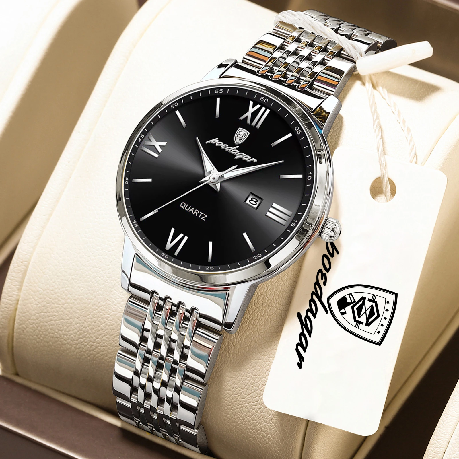 Relógio Feminino Elegante (prateado E Preto), À Prova D'água, Luminoso, Com Exibição De Data, Relógio De Quartzo Requintado De Alta Qualidade.