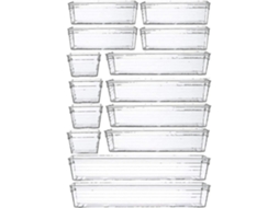 Organizador de gavetas de plástico transparente Jxlgv Slowmoose com 14 compartimentos para maquiagem, utensílios de cozinha, joias e outros acessórios.