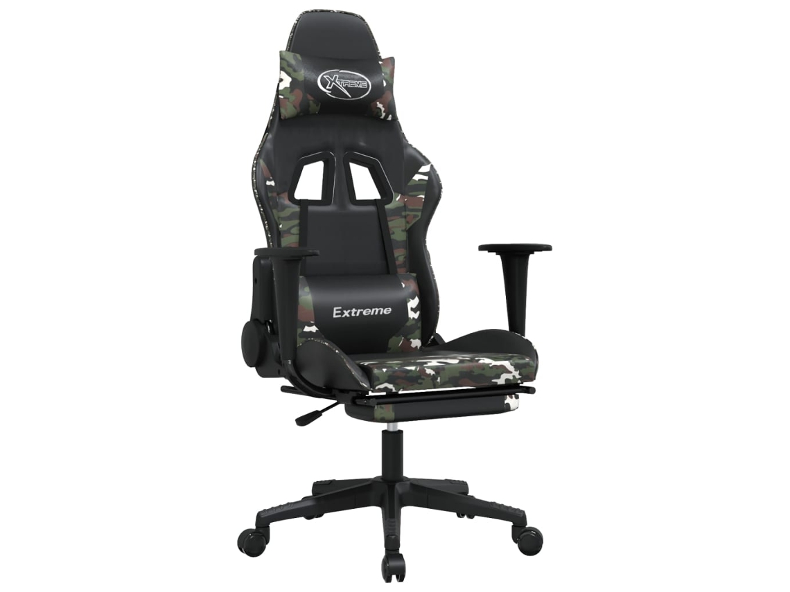 Cadeira gaming massagens apoio pés VIDAXL couro artif preto/camuflagem