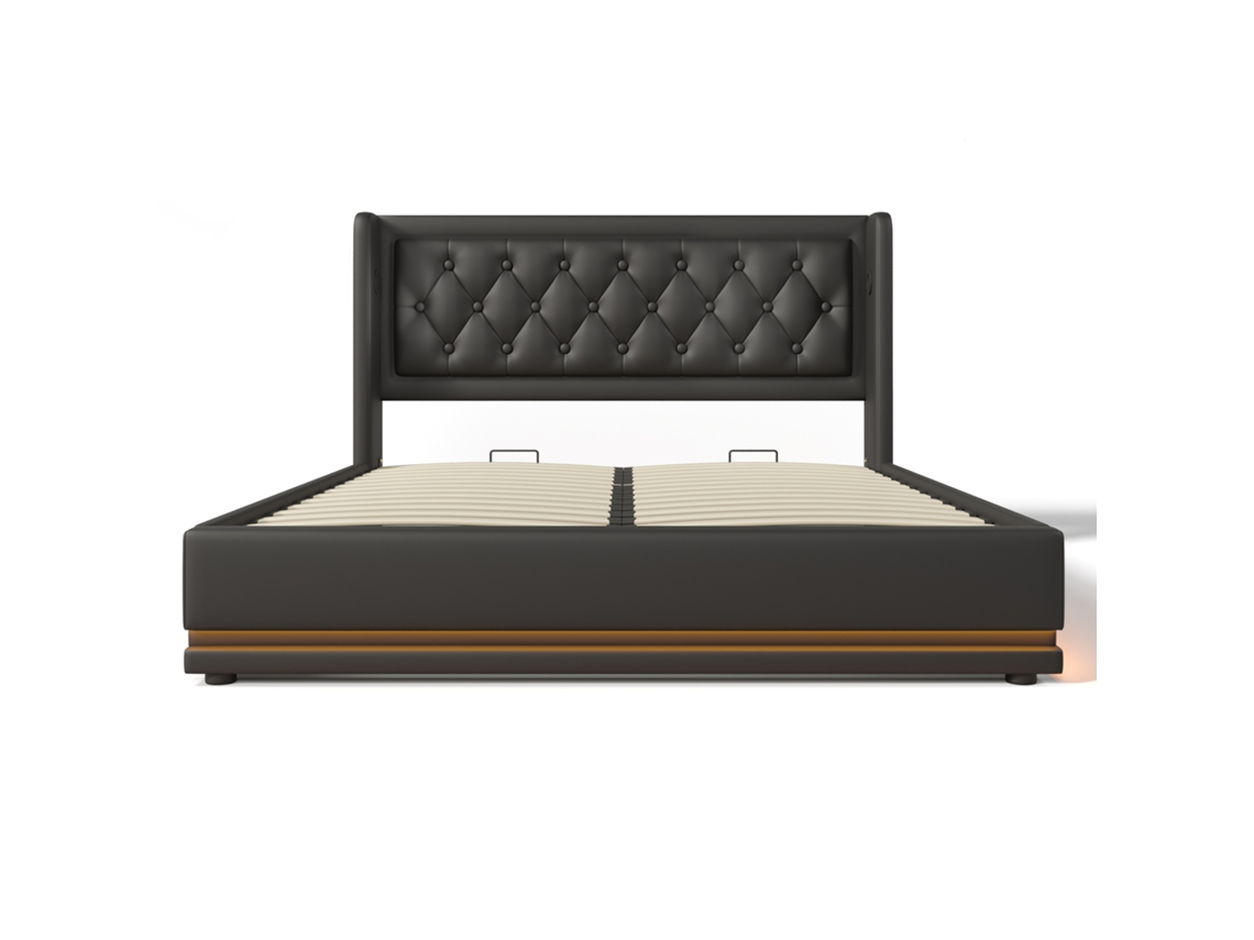 Cama Contentora Estofada Imitação Função Carregamento Led Mobrio Madeira Pele Preto (140x200)