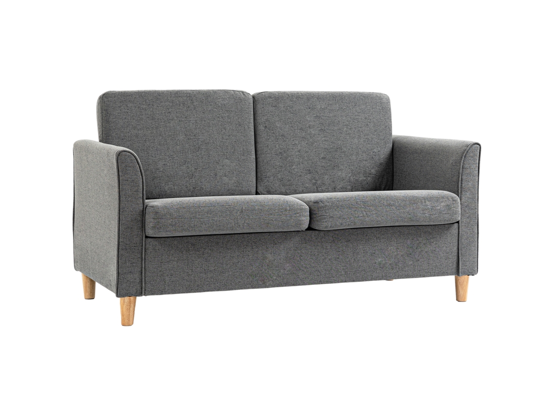 Sofá De 2 Lugares Com Pernas De Madeira E Efeito Linho, Modelo Estofado Duplo Estilo Moderno Para Sala Ou Quarto, Cinza