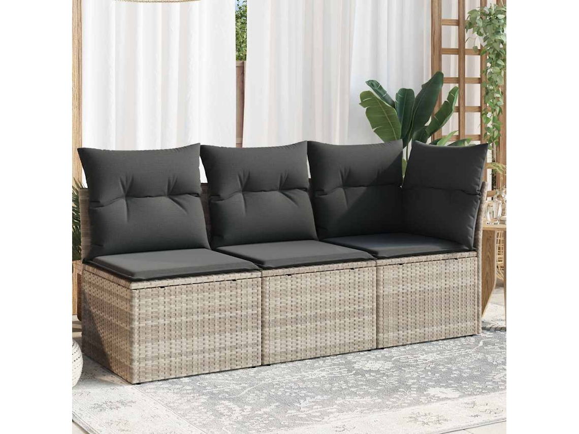 Vidaxl Sofá De Jardim De 3 Lugares C/ Almofadões Vime Pe Cinza-claro