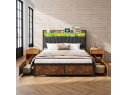 Cama Casal 160x200 Aço Madeira 4 Gavetas Led Usb Prateleira Cabeceira Estrutura Metálica Negra Industrial Inteligente P/apt Pequeno