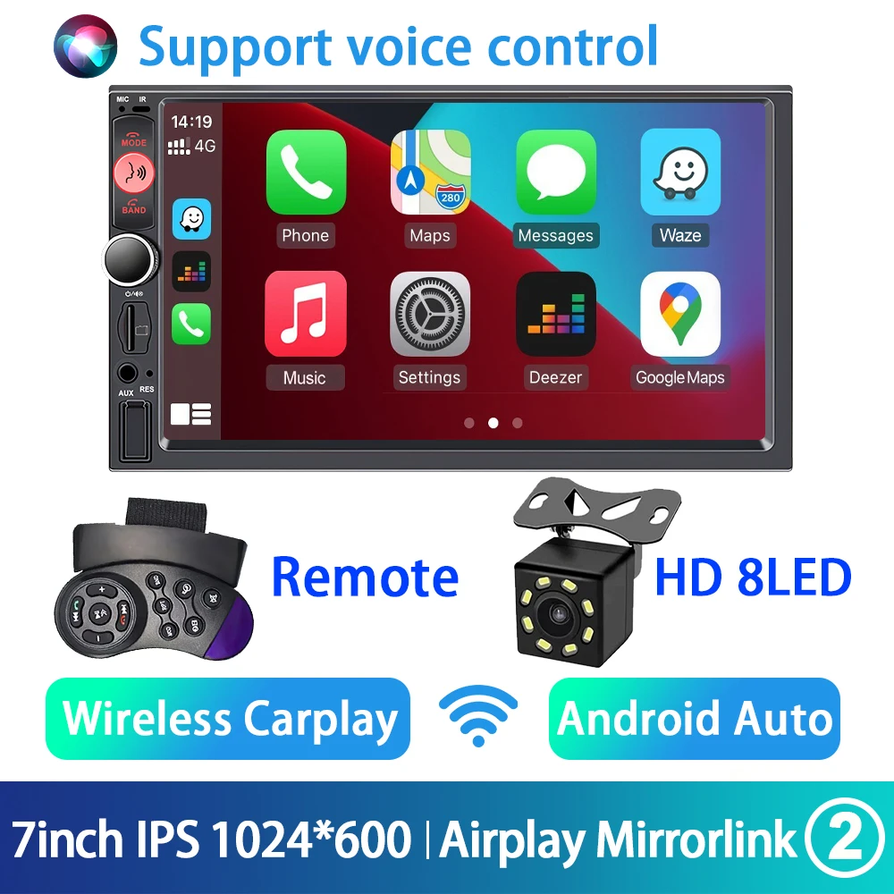 Sistema Multimídia Automotivo 2din (8 Câmeras Led), Tela Ips De 7 Polegadas, Carplay Sem Fio, Bluetooth