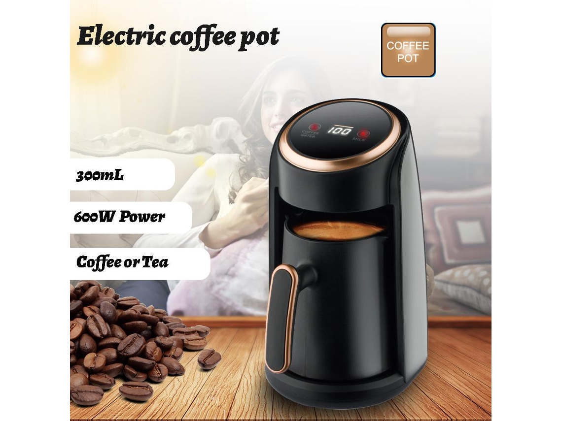 Cafeteira Turca Elétrica Preta 600w 300ml 3 Em 1 Café Leite Água Ecrã Led Controlo Temperatura 65°c-100°c