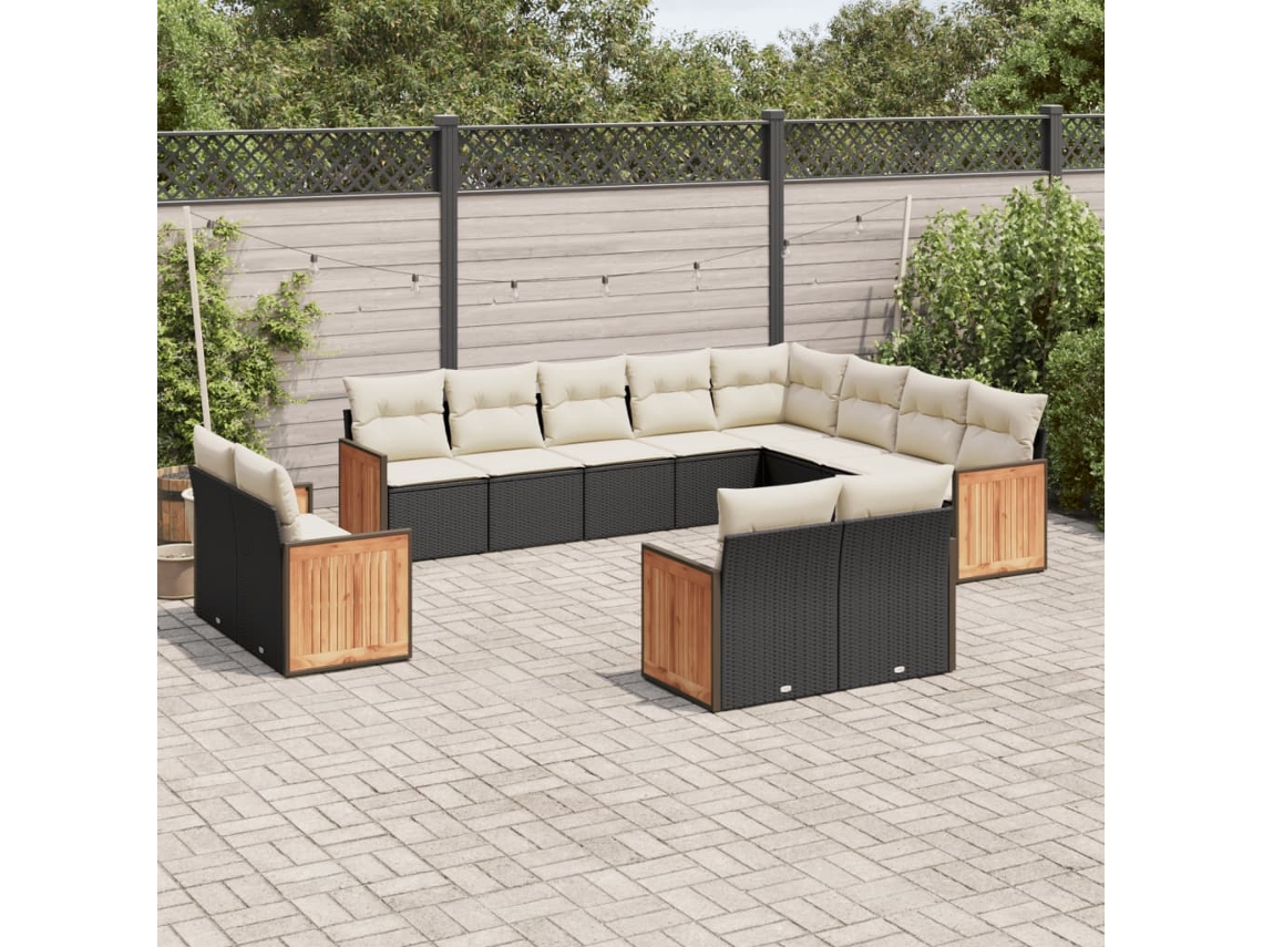 12 Pcs Conjunto De Sofá Jardim C/ Almofadões Vime Pe Preto Dkd Home Decor