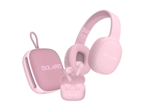 BOLARIS Pack Áudio Auscultadores Estéreo 3 em 1 Malaga / Coluna Bluetooth / Auscultadores Valencia Rosa