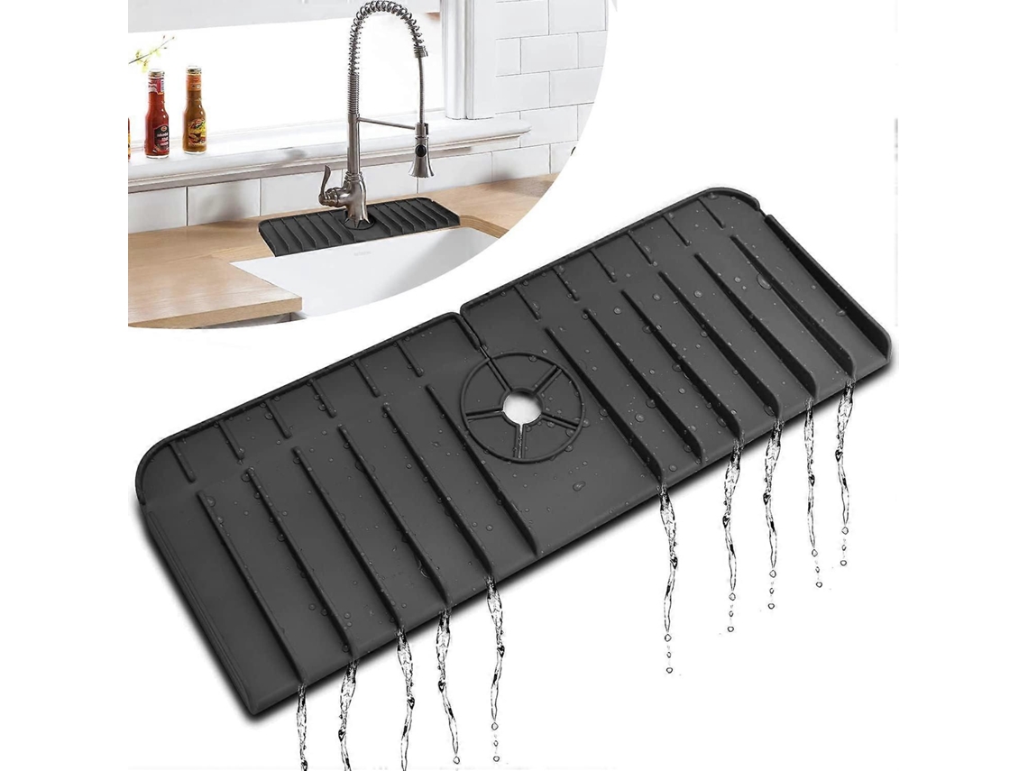 Tapete de Silicona para Grifo, Captador de Goteos para Cocina Y Baño, Antidesbordamiento Y Autodesagüe Negro