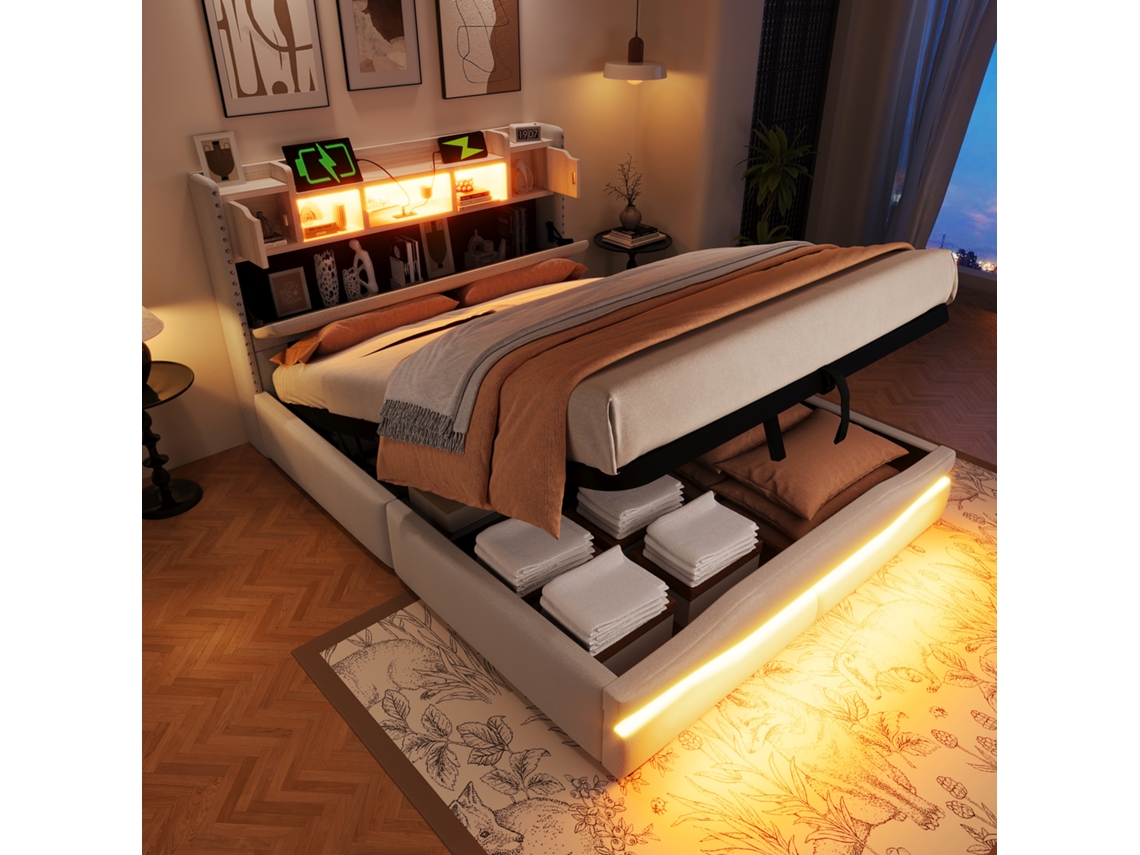 Cama Casal Bege 140x200cm Estofada, Usb-c, Led, Hidráulica, Ripas (s/ Colchão). -op
